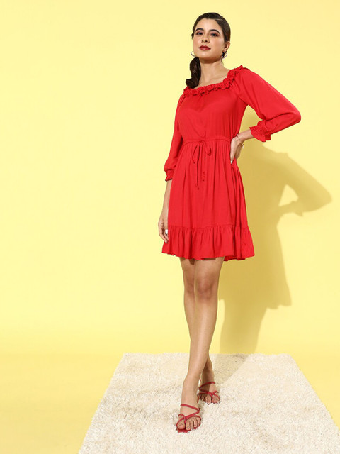 

VANCA ECO Red Solid Fit & Flare Off-Shoulder Dress