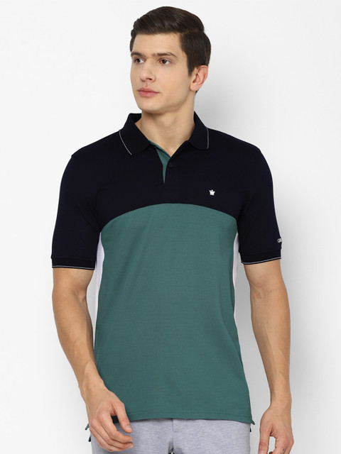 

Louis Philippe Men Green & Navy Blue Colourblocked Polo Collar T-shirt