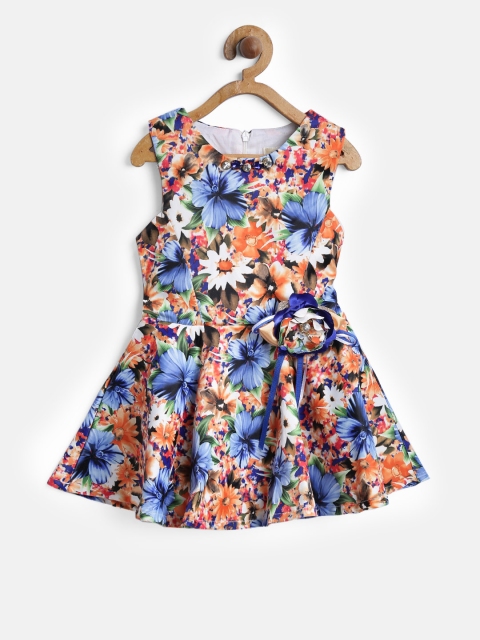 

Tiny Girl Girls Orange & Blue Floral Printed Fit & Flare Dress