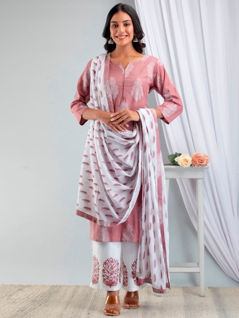 

Fusion Threads Women Mauve Ethnic Motifs Printed Pure Cotton Kurta with Trousers & With Dupatta