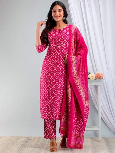 

Fusion Threads Women Pink Embroidered Kurta with Trousers & Dupatta