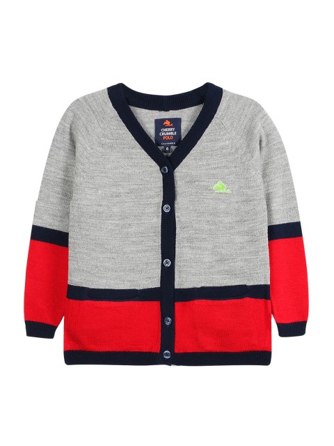 

Cherry Crumble Boys Grey Melange & Red Colourblocked Cardigan