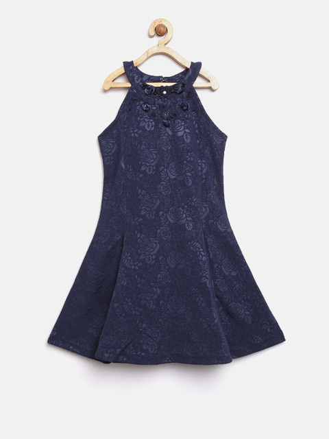 

Tiny Girl Navy Blue Self Design A-Line Dress