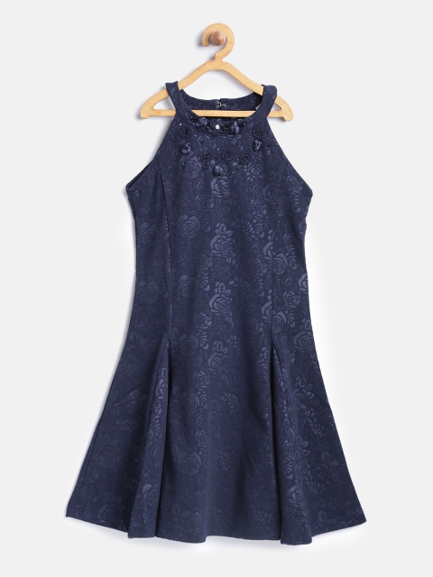

Tiny Girl Girls Navy Self Design Fit & Flare Dress, Navy blue