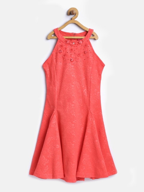 

Tiny Girl Girls Coral Red Self Design Fit & Flare Dress