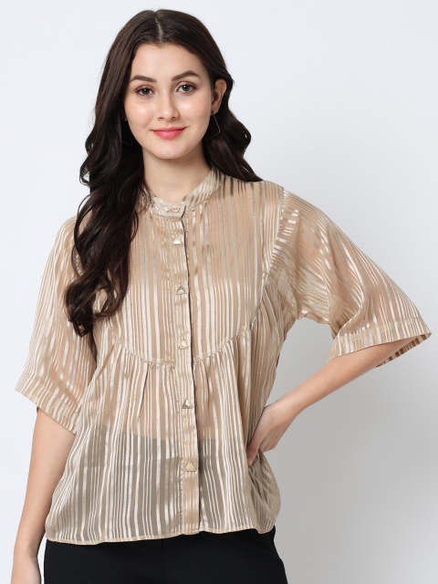 

CHARMGAL Women Gold-Toned Striped Mandarin Collar Satin Shirt Style Top