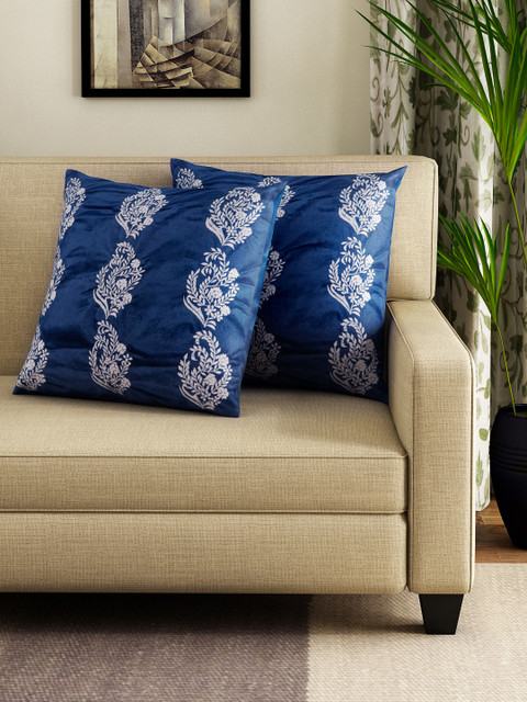 

HOUZZCODE Set of 2 Blue & White Embroidered 16" x 16" Square Cushion Covers