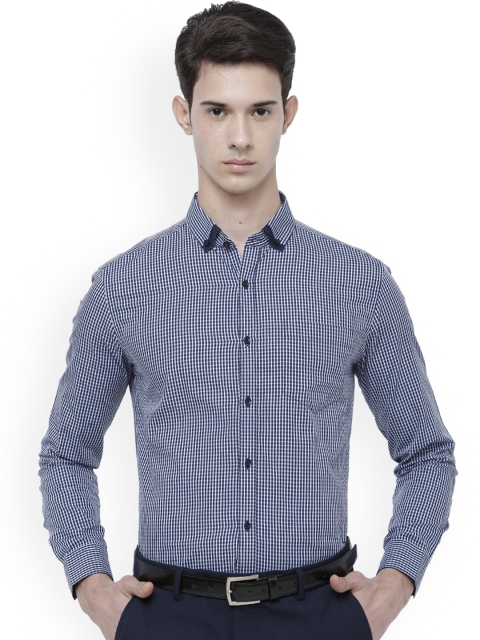 

Black coffee Men Navy Blue & Blue Slim Fit Checked Formal Shirt