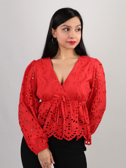 

The Label Bar Women Red Schiffli Pure Cotton Peplum Top