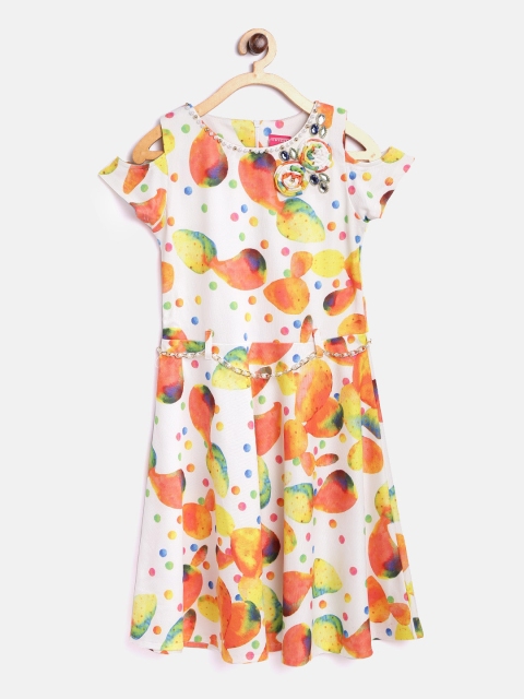 

Tiny Girl Girls Off-White & Orange Printed Cold Shoulder Fit & Flare Dress