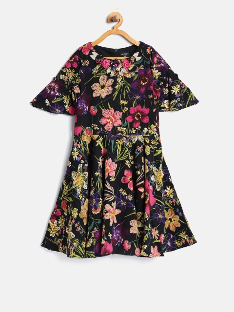 

Tiny Girl Girls Black & Pink Floral Printed Fit & Flare Dress