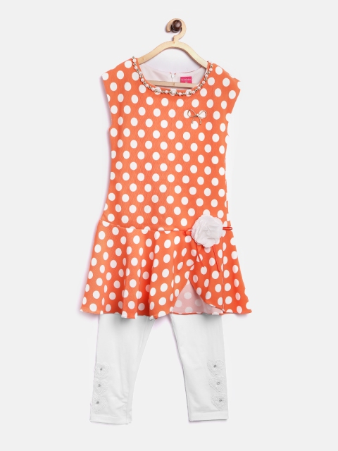 

Tiny Girl Orange & White Polka Dot Print Clothing Set