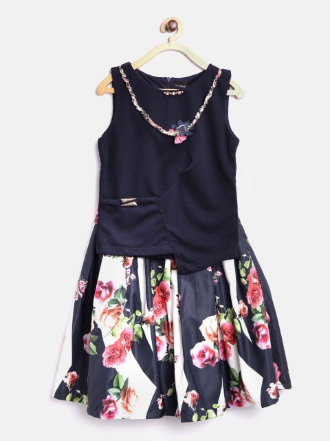 

Tiny Girl Navy Top with Printed Flared Skirt, Navy blue