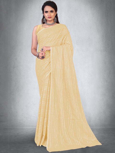 

BAPS Women Cream & Yellow Striped Cotton Blend Chanderi Saree With Unstiched Blouse Piece