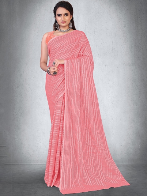 

BAPS Peach-Coloured Striped Chanderi Saree