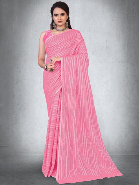 

BAPS Pink & Silver-Toned Leheriya Chanderi Saree