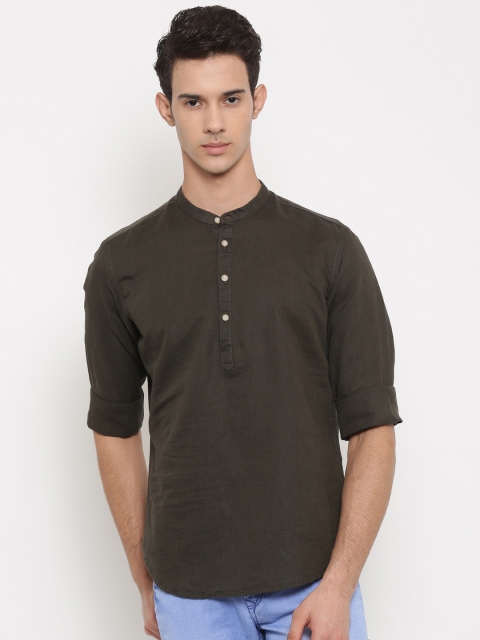 

Lombard Men Olive Green Solid Straight Short Kurta
