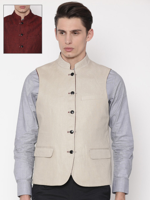 

Lombard Men Maroon & Beige Reversible Linen Nehru Jacket
