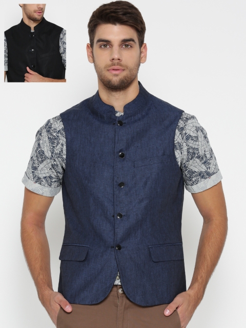 

Lombard Blue & Black Slim Fit Reversible Pure Cotton Nehru Jacket