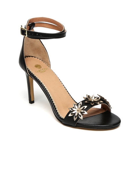 

Carlton London Women Black & Gold-Toned Leather Heels with Floral Appliques