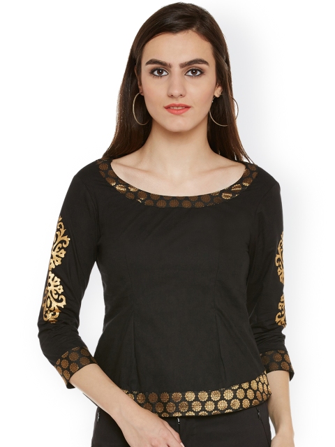 

9rasa Women Brocade Block Printed Pure Cotton Top, Black