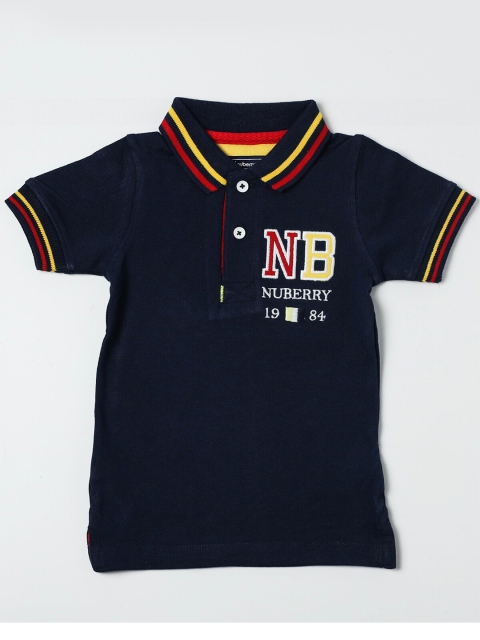 

Nuberry Boys Blue Typography Printed Polo Collar Cotton T-shirt
