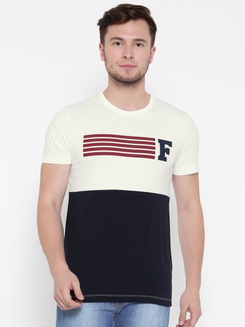 

French Connection Men White & Navy Colourblocked Round Neck T-shirt