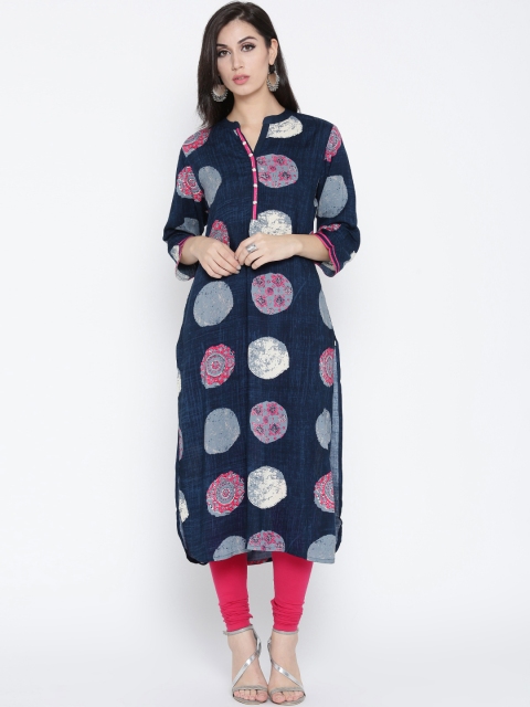 

Shree Women Navy & Grey Printed Straight Kurta, Navy blue