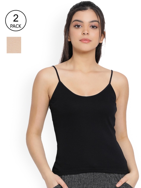 

LYRA Women Pack Of 2 Black & Beige Solid Cotton Camisoles
