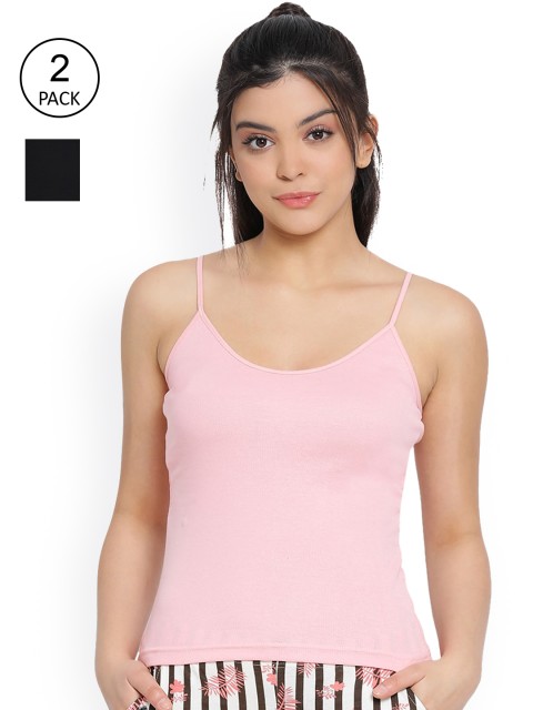 

LYRA Women Pack Of 2 Pink & Black Solid Cotton Camisoles