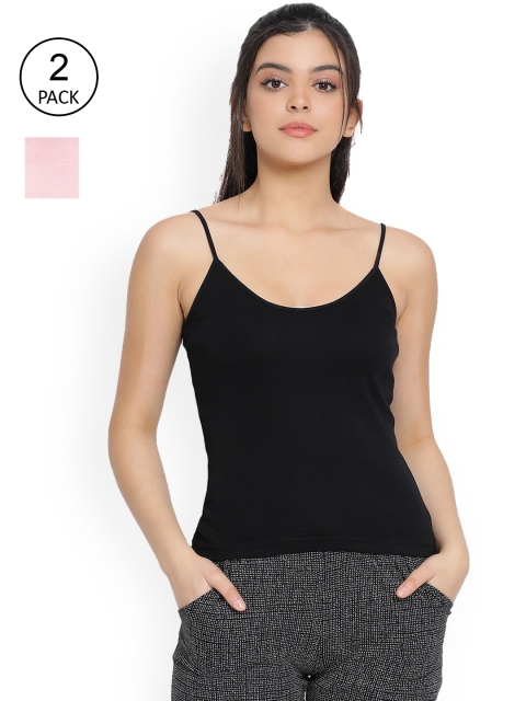 

LYRA Women Pack Of 2 Pink & Black Solid Cotton Non Padded Camisoles