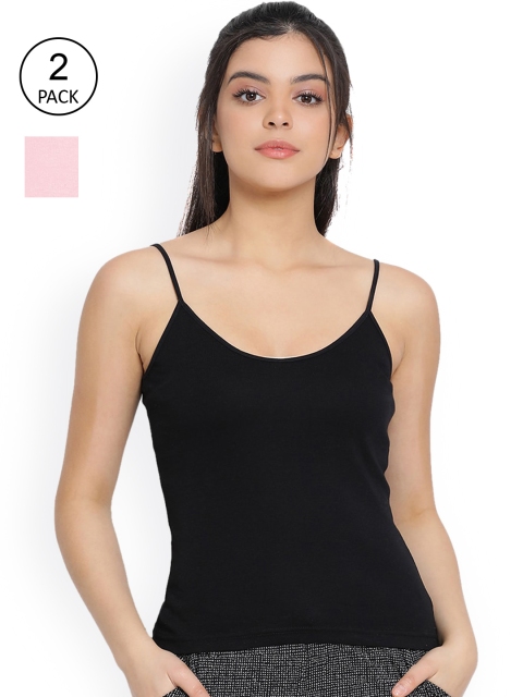 

LYRA Women Pack Of 2 Black & Pink Solid Cotton Camisoles