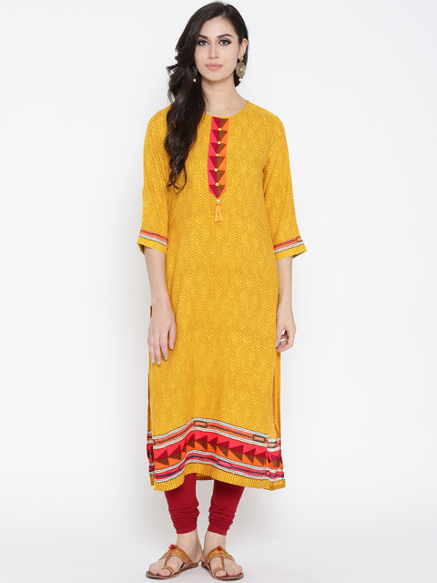 

Shree Women Yellow & Brown Printed Straight Kurta