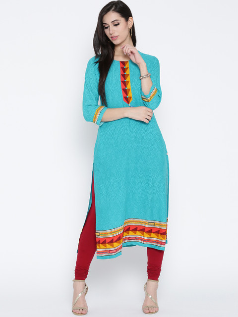 

Shree Women Blue Chevron Print Straight Kurta