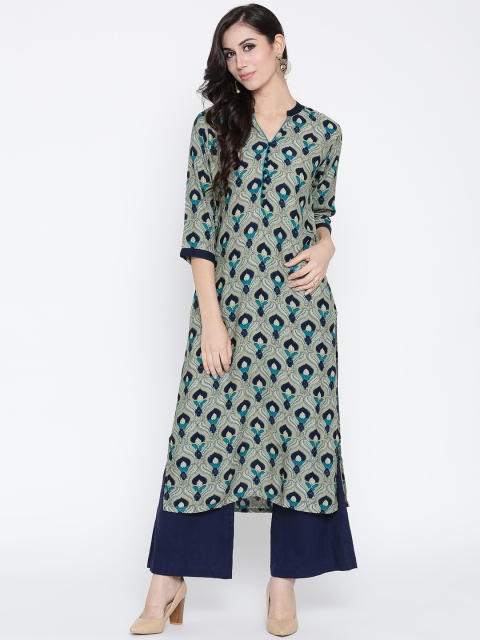 

Shree Women Olive Green & Navy Printed Straight Kurta