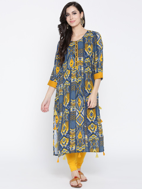 

Shree Women Blue & Yellow Printed Straight Kurta