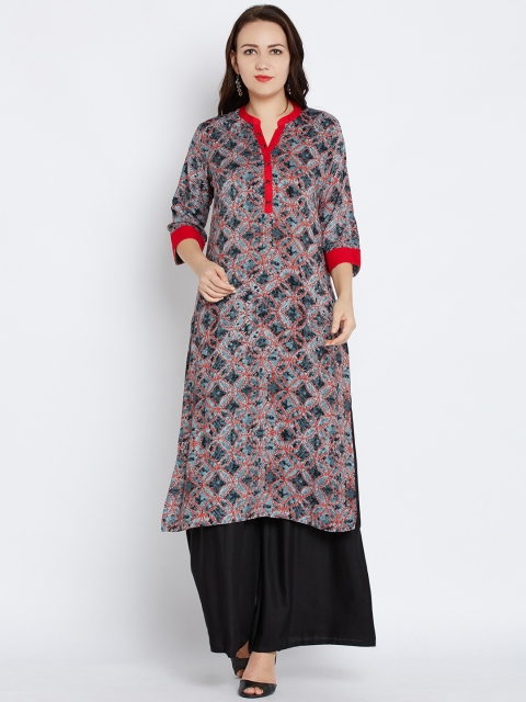 

Shree Women Grey & Red Printed Straight Kurta