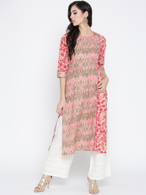 

Shree Women Pink & Olive Green Printed Straight Kurta