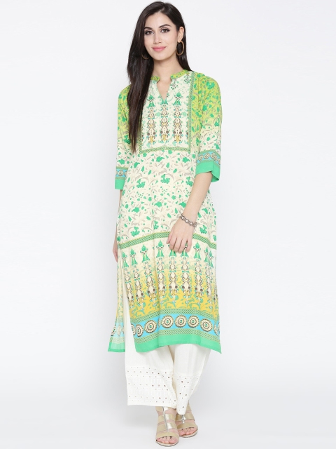 

Shree Women White & Green Printed Straight Kurta