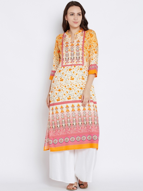 

Shree Women Off-White & Orange Printed Straight Kurta