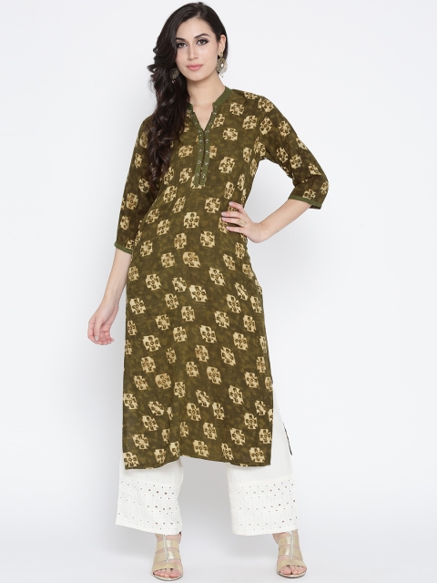 

Shree Women Olive Green Printed Straight Kurta