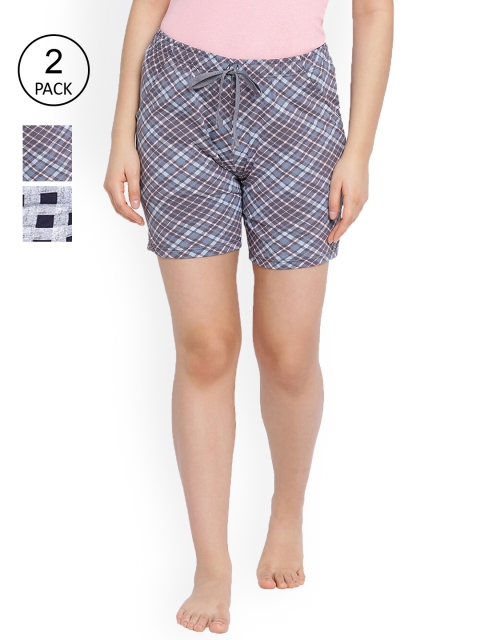 

LYRA Women Pack of 2 Grey & Blue Cotton Shorts