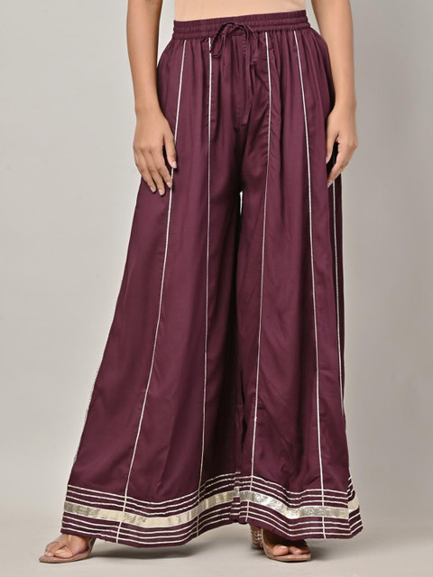 

Swasti Women Purple & Gold-Toned Striped Flared Lace Palazzos