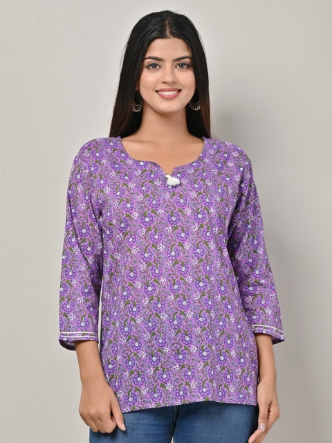 

Swasti Purple Floral Printed Straight Fit Gotta Patti Pure Cotton Kurti