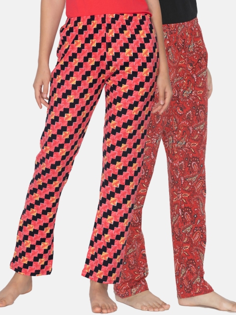 

Lyra Women Pack Of 2 Orange & Red Printed Pure Cotton Lounge Pants