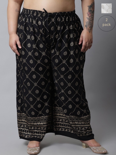 

Miaz Lifestyle Women Off White & Black Cotton Pack of 2 Floral Plus Size Ethnic Palazzos