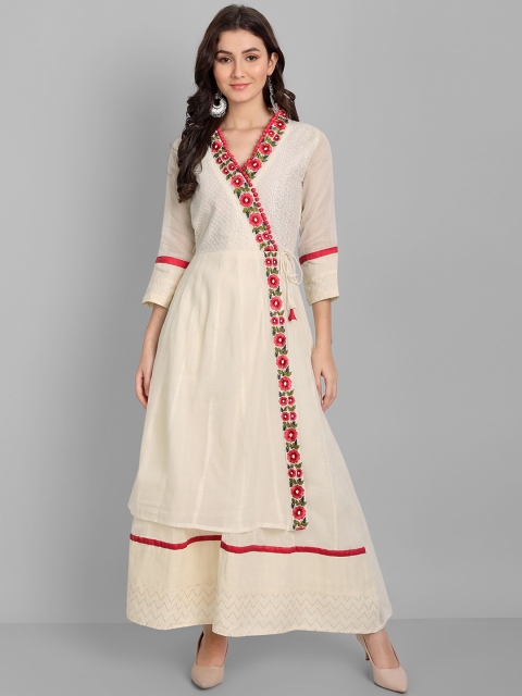 

Pakiza Women Off White & Red Embroidered Thread Work Floral Kurta