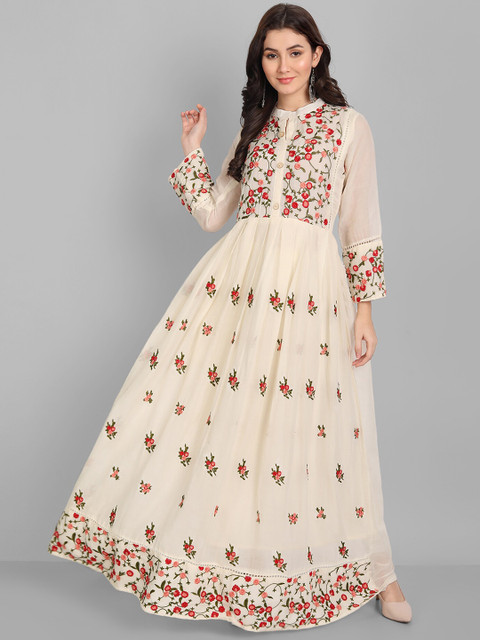 

Pakiza Women Off White Floral Embroidered Thread Work Anarkali Kurta