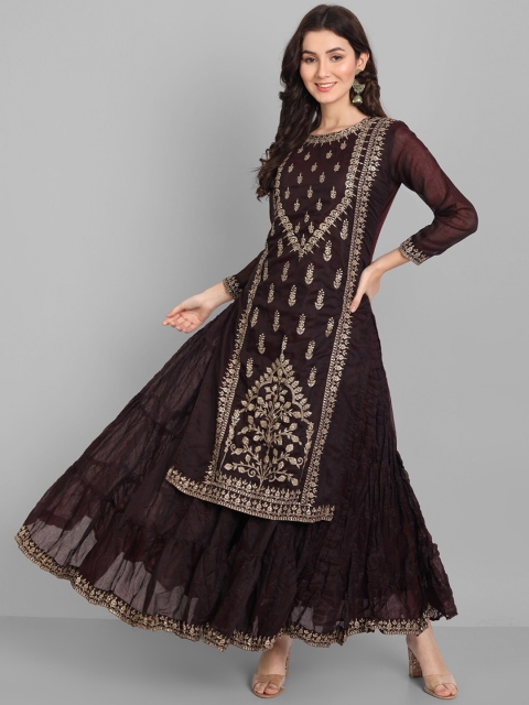 

Pakiza Women Burgundy Ethnic Motifs Printed Thread Work Anarkali Kurta