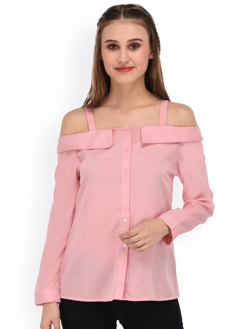 

PURYS Women Pink Solid Shirt-Style Bardot Top